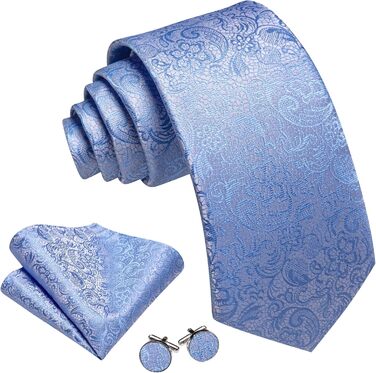 Краватка з шовковим візерунком пейслі Barry.Wang, комплект з кишеньковим хустинкою та запонками, для урочистих заходів та весілля, 3 шт. (Світло-блакитний пейслі)