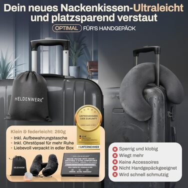 Подушка для шиї HELDENWERK® Air: 5 положень, швидке надування, регулювання тиску | Знімна капюшон | Для подорожей (автомобіль, літак) | Чорний, великий розмір