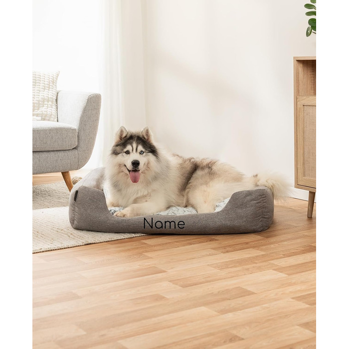 Lionto Dog Basket with Fluffy Reversible Cushion, Cozy Pet Bed in Melange Design with Deep Entry for Dogs & Cats of All Sizes, 80x60 cm, Soft Dog Bed, (Grey, L 110 x W 80 x H 28 cm (with name tag))