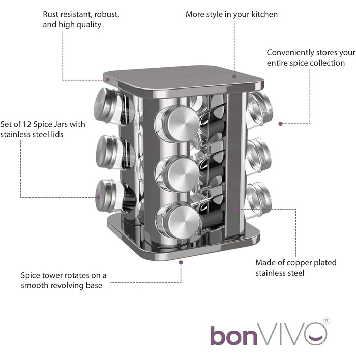 Сумка-органайзер для спецій bonVIVO Rondo, поворотна підставка для 12 баночок, нержавіюча сталь, срібно-хромовий колір
