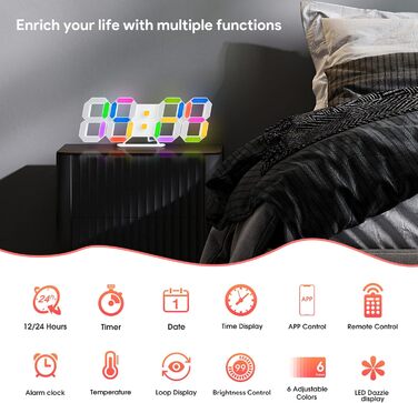 EDUP HOME 3D LED Alarm Clock Digital, 9.7 Inch 7 Colors Silent Snooze USB 12/24 Hour Date Temperature with RGB, APP Control and Remote Control Clock for Bedroom/Living Room/Office