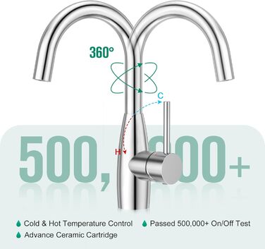 Кран кухонний CREA, 360° поворотний, для малої кухні, змішувач з високим виливом, нержавіюча сталь хром