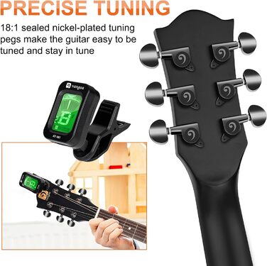 Акустична гітара Vangoa 4/4 для початківців та дорослих, чорна, з каподастром та чохлом