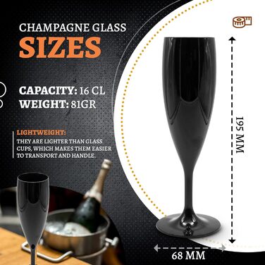 DOJA Barcelona: Набір з 6 склянок для шампанського, 60 мл, чорний полікарбонат, багаторазові | 195x68x2 мм