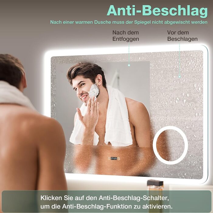 LED дзеркало для ванної кімнати 80x60 см з підсвічуванням, 3 кольори, регулювання яскравості, антизапарник, годинник, 3x збільшення