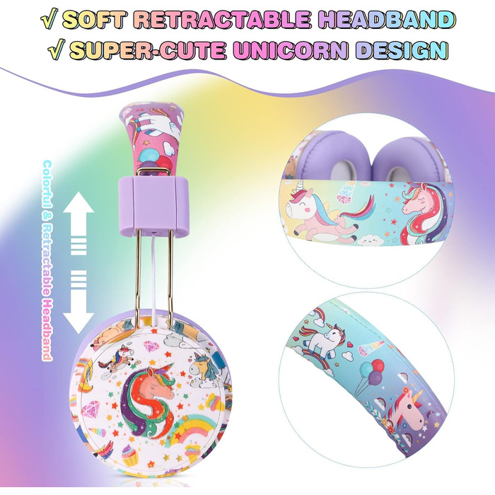 Дитячі навушники JYPS для школи та планшета (3-10 років), бездротові, з мікрофоном, фіолетові