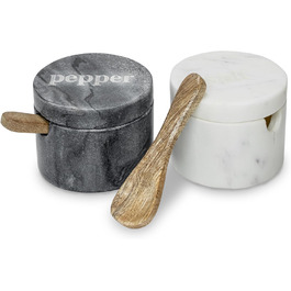 Birsppy Fair Trade Kitchen Utensils Salt and Pepper Shaker Set Marble with Spoon and Lid Salt Pot Stone