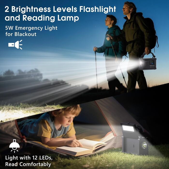 Радіоприймач Kurbelradio з DAB/DAB+/UKW, акумулятор 12000mAh, сонячна панель 8500mm², ручне радіо, Bluetooth 5.0, ліхтарик, ліхтар для читання, Outdoor, кемпінг, зелений (чорний)