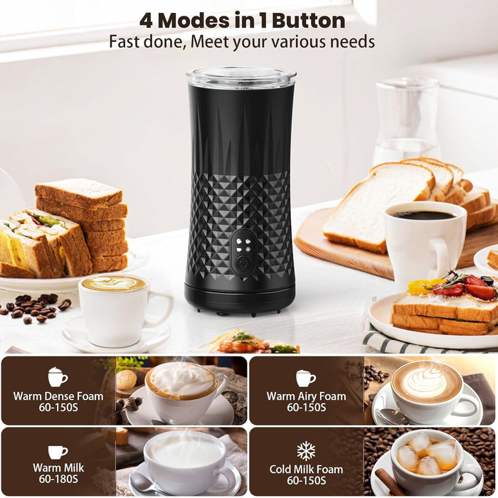 Електричний спінювач молока HAPPHOOH 4-в-1, 240 мл, чорний, з автоматичним відключенням та антипригарним покриттям