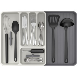 MR.SIGA Expandable Cutlery Box for Drawers, Utensil Holder Kitchen, Adjustable Cutlery Organizer for Cutlery, Kitchen Gadgets and Cooking Accessories, White & Grey