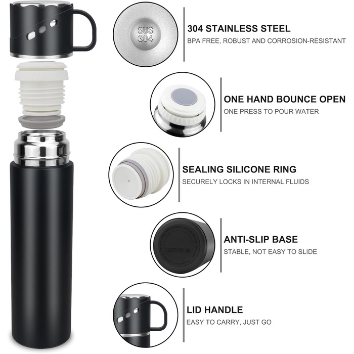 Термос із нержавіючої сталі 550 мл - термос-термокружка з чашкою та ручкою, вакуумний термос 12 годин гарячий / 12 годин холодний, нековзний термос для кави в дорогу для спорту, роботи, школи, автомобіля (Чорний)