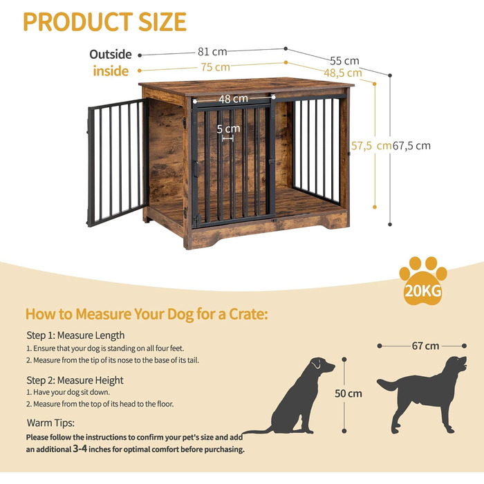 Hzuaneri Modern Wooden Dog Crate Furniture - Indoor Dog Box with Sliding Doors for Small/Medium Dogs - 81cm Height, 55x81x67.5cm, Vintage Brown DFC83601B