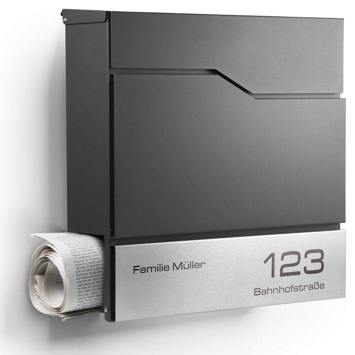 Поштовий ящик настінний модерн Tokio Anthrazit RAL7016 з газетницею, гравіюванням імені та номера будинку з нержавіючої сталі. Стійкий до іржі та УФ-випромінювання