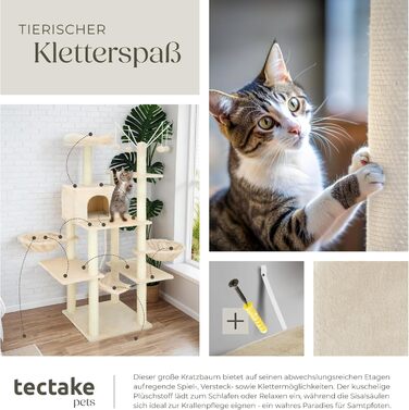 Тектейк® Крізьоверх XXL для котів, великий, з аксесуарами: лежанки, гамак, будиночок, іграшки, мотузка з сизалю, ствол для дряпання, котячий комплекс, котячий дряпкач, висота приблизно 165 см - сірий (Бежевий | № 402932)