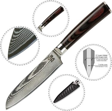 Ніж Santoku ZEUß з дамаської сталі (24 см) - професійний кухонний ніж з дамаської сталі 67 шарів, з точильним каменем, дерев'яною ручкою, захистом леза та подарунковою коробкою (сірий)