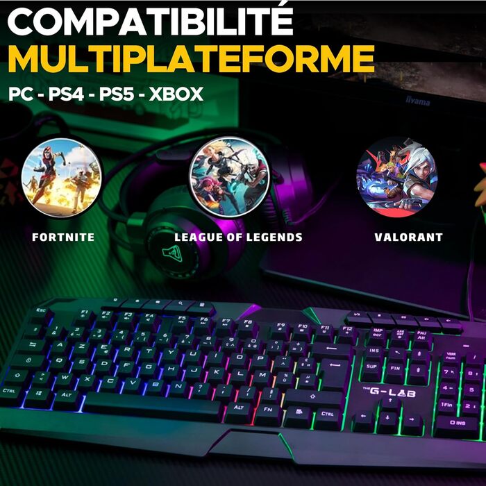 G-Lab Combo Natrium: Ігрова клавіатура, миша, навушники та килимок – 4 в 1 (USB, RGB, 19 антихостингові клавіші, 6400 DPI)