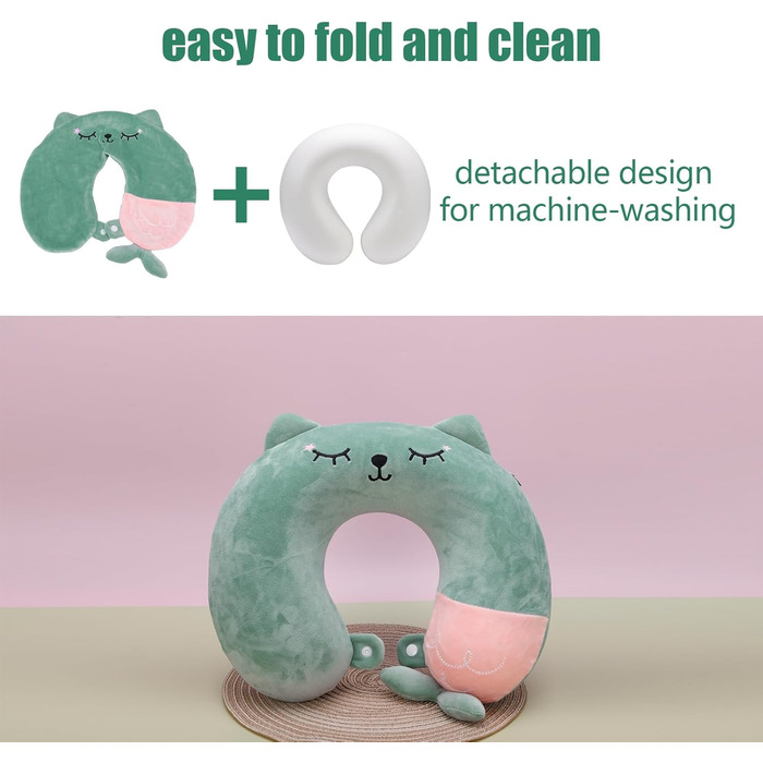 Подушка для шиї дитяча та доросла, у вигляді тваринки, 33x30 см, Memory Foam, для подорожей, літака (зелена)