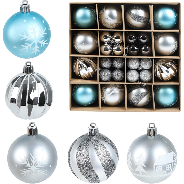Набір прикрас на ялинку: 44 штуки кульок, 6 см та 3 см, блакитно-срібні. Прикраси для ялинки, декор для дому та вулиці