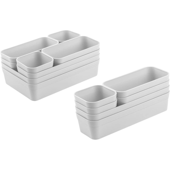 1x Drawer Organizer Set Storage Box One-Piece Adjustable Light Gray