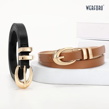 Жіночі шкіряні ремені WERFORU (2 шт.) - тонкі ремені для джинсів, штанів, суконь. Розмір 99-114 см. Золотисті та сріблясті пряжки. Чорний + коричневий кольори
