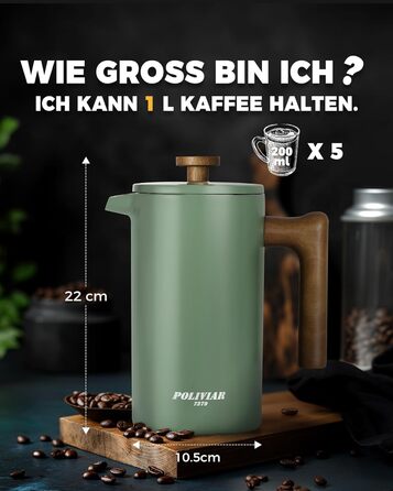 Poliviar French Press Coffee Maker 1 Liter/8 Cups, Double-Walled Insulated Coffee Carafe and Teapot, Manual Filter Coffee Press with Plunger & Wooden Handle, Flatland (Green) JX2020-FPN-DE 1000ml Wild Green