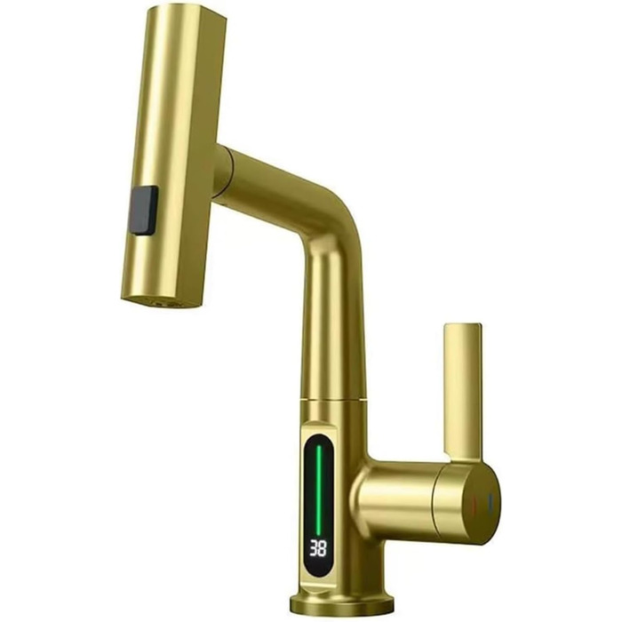 Кухонний змішувач з витяжною лійкою, 3 режими, LED-індикатор температури, поворотний на 360°, для кухні, золотий