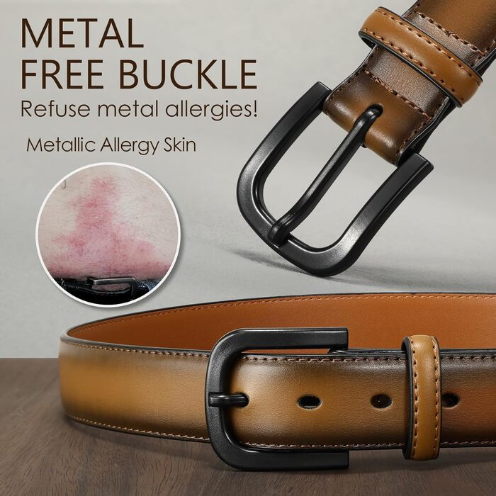 Чоловічий шкіряний ремінь VONMELLI без металу, TSA-сертифікований, для джинсів, з гіпоалергенною застібкою, розмір пояса 48-52