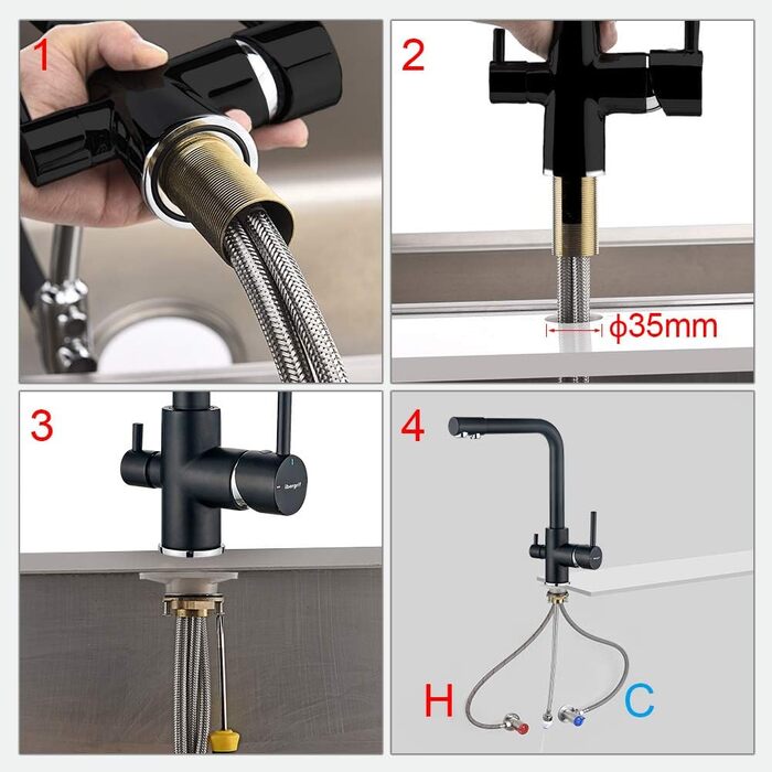 Кухонний змішувач 3-в-1 з поворотним виливом 360°, з двома важелями, для фільтрації води, гарячої та холодної води, високого тиску, з 3 шлангами 50 см, нержавіюча сталь, матовий чорний