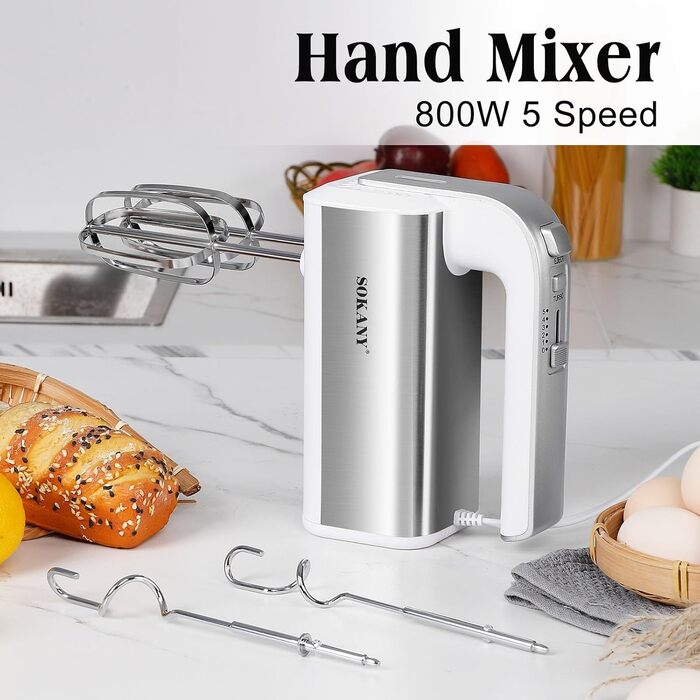 Міксер SOKANY 800W з нержавіючої сталі, 5 швидкостей, 2 гачки для тіста та 2 вінчики (Cx-6651w White)