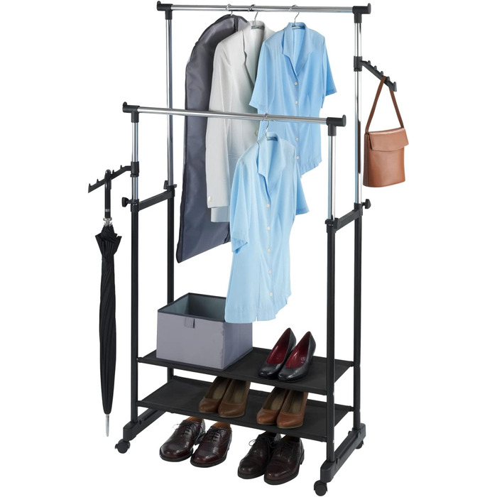 WENKO Clothes Rack Folding, Clothes Storage with Adjustable Clothes Rail and Wheels, Plastic/Metal, 88 x 100-168 x 11-49 cm, Chrome/Grey (169 x 43 x 89.5 cm)