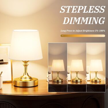 LED настільна лампа бездротова з торшером з льону, сенсорне керування, регулювання яскравості, USB-C, для спальні, вітальні, кухні, 40см, мідь