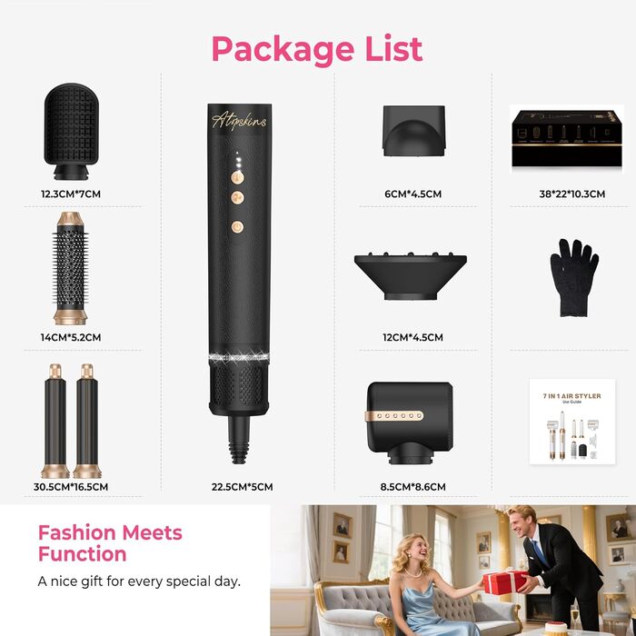 Airstyler Pro 7-в-1: Набір для укладки волосся Atopskins з фен-щіткою, плойкою та насадкою для локонів, 11000 об/хв, для створення об'єму, локонів та випрямлення волосся, зелено-золотий (чорно-золотий)