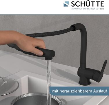 Кухонний змішувач SCHÜTTE LONDON з висувною лійкою, поворотний на 360 градусів, однорідний, чорний, 29,8 см (низький тиск)