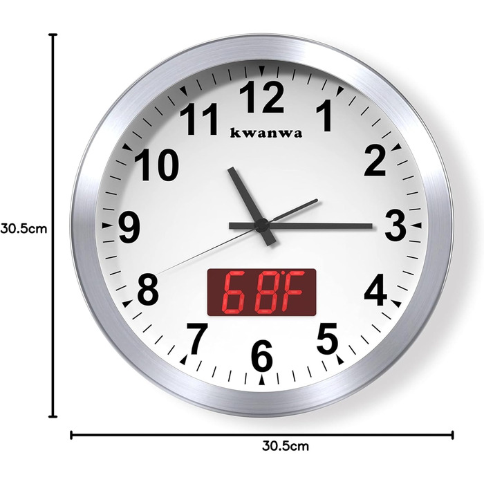 KWANWA Modern Wall Clock with No Ticking Sound • Digital LCD/LED Display • Calendar & Temperature • Battery Powered • 30.5cm • 12h Format, Perfect for Kitchen, Bedroom & Office (Silver Case, Red LED)