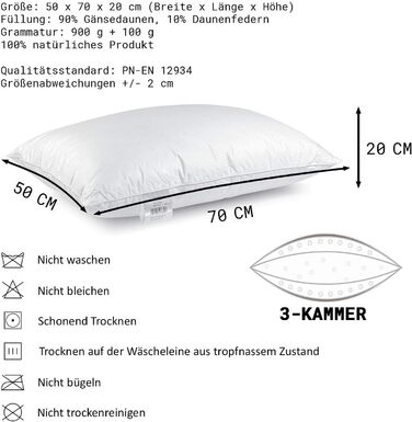 H&F Heimtextilien Premium Quality | Pillow 50x70 cm | 1000 Grams Down, Goose Down | 100% Natural Three-Chamber Pillow | Cover: 100% Cotton | 3-Chamber Down Pillow | Oeko-TEX Certified
