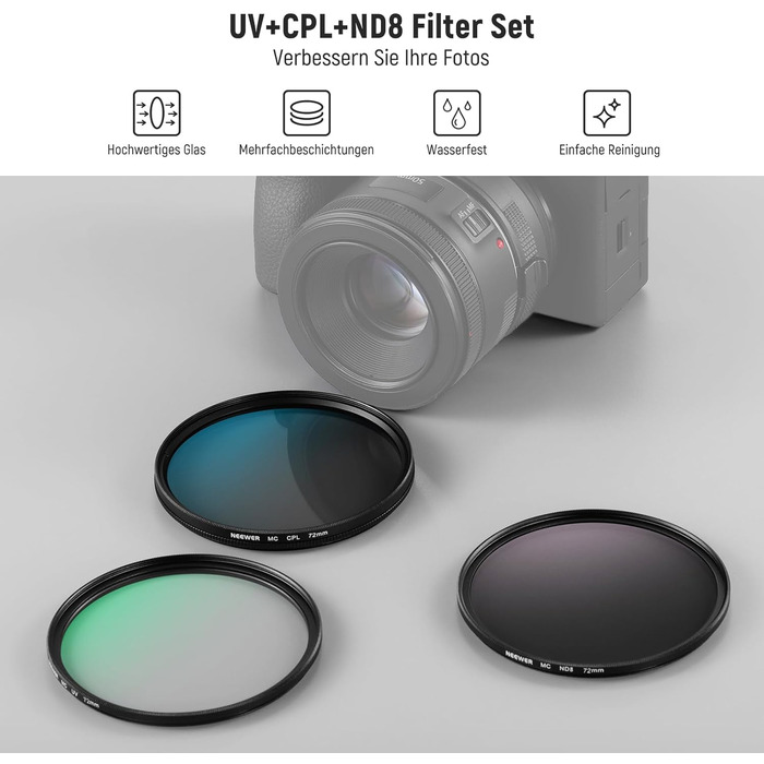 Набір фільтрів для об'єктива NEEWER UV/CPL/ND (72mm): захисний, поляризаційний, нейтральний фільтр