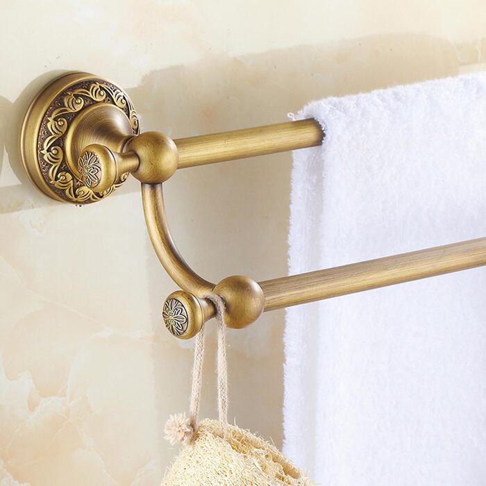 Brass toothbrush holder, antique bronze finish, cup holder with white ceramic cup, wall-mounted, bathroom accessory, patterned carving design (double towel holder)