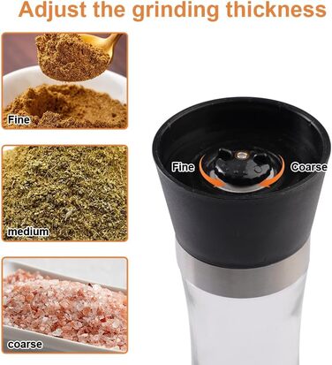 Набір з 2 шт. мельниць для перцю та солі, регульована ступінь помелу, керамічний механізм, прозоре скло та нержавіюча сталь, підходить для перцю, солі та чилі