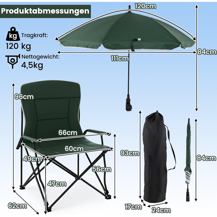 Складний туристичний стілець COSTWAY з сонцезахисним щитом, XXL, до 150 кг, з сумкою для перенесення, для кемпінгу та риболовлі