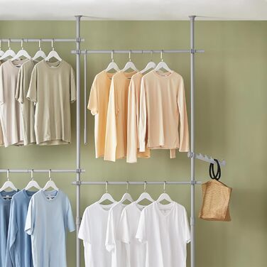 SoBuy KLS03-SCH Clothes Rack Coat Rack with 4 Clothes Rails Telescopic Wardrobe System Adjustable Shelf System Bra Approx. 124-226x200-285cm (Light Grey)