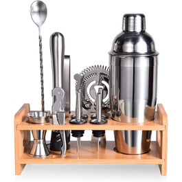 Набір шейкер для коктейлів Esmula 750 мл, 12 предметів, нержавіюча сталь, професійний барменський набір, стильний барний аксесуар для дому, з рецептами коктейлів (сріблястий)