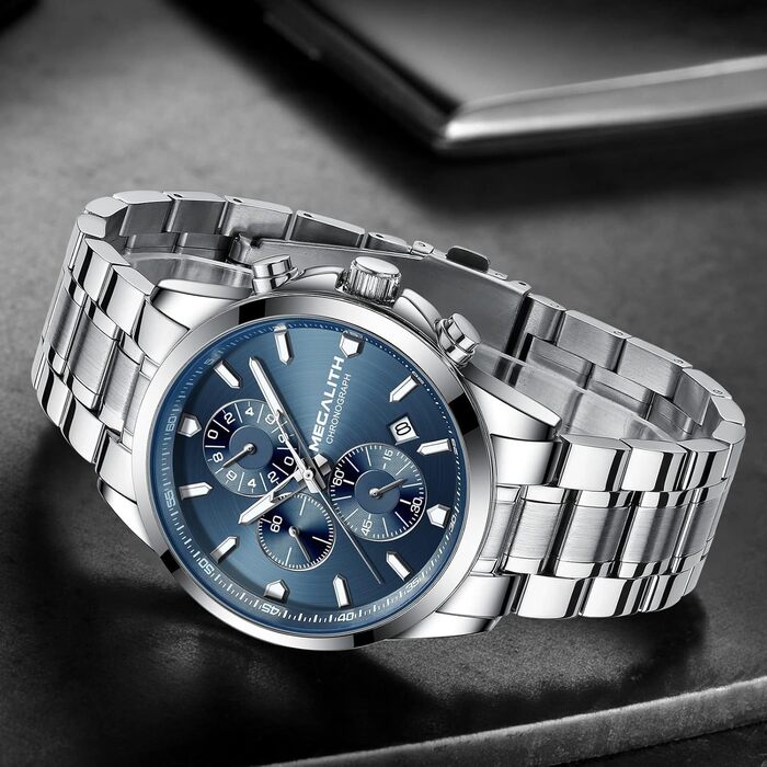Чоловічий годинник MEGALITH з нержавіючої сталі, хронограф, водостійкий, аналоговий годинник для бізнесу, з календарем та підсвічуванням (B-silber-an)