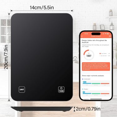 Кухонні ваги Sprifityy: цифрова вага з LCD дисплеєм та підключенням до додатку для аналізу харчової цінності та підрахунку калорій, 5 одиниць (точність 1г), чорний