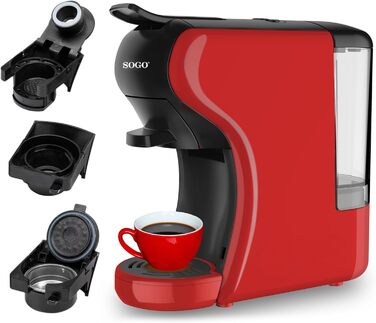 SOGO 3-in-1 Espresso Coffee Machine | Adapter for Capsules of Leading Brands | Ground Coffee, Coffee Pads, Tea | 19 Bar Pressure | Compact Size (SS-5675) (red)