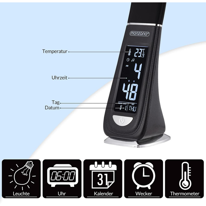 LED лампа Monzana з годинником, будильником, термометром та календарем, регульована яскравість, настільна лампа для дому та офісу (білий/чорний)