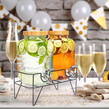 Скляний диспенсер для напоїв на 4 літри з краном, 2 шт. з підставкою, для лимонадів, холодного чаю, комбучі. Підходить для вечірок, свят, бамбукова кришка