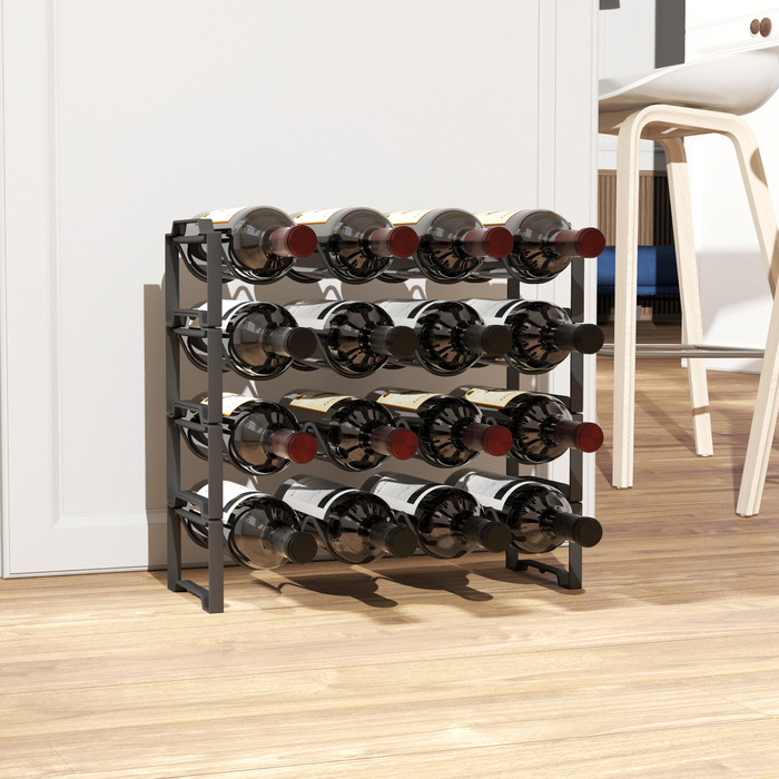 HOMCOM Wine Rack Bottle Rack for 16 Wine Bottles, Metal Bottle Holder Storage Shelf, Wine Bottle Rack for Kitchen, Dining Room Black | Aosom