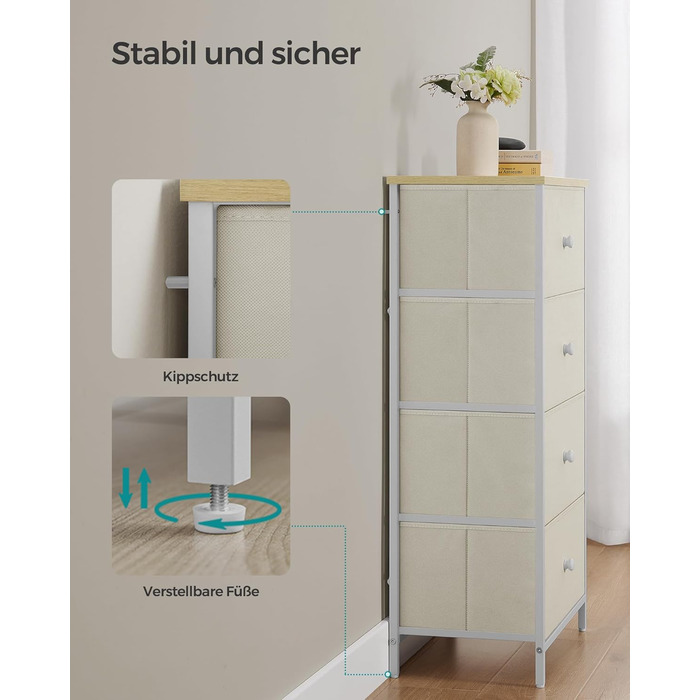 SONGMICS Chest of Drawers, Storage Cabinet with 4 Fabric Drawers, Metal Frame, Tall and Narrow, White-Oak Finish LTS314W57 (Camel Yellow + Cream White, 30W x 45D x 91.7H cm (4 Drawers))