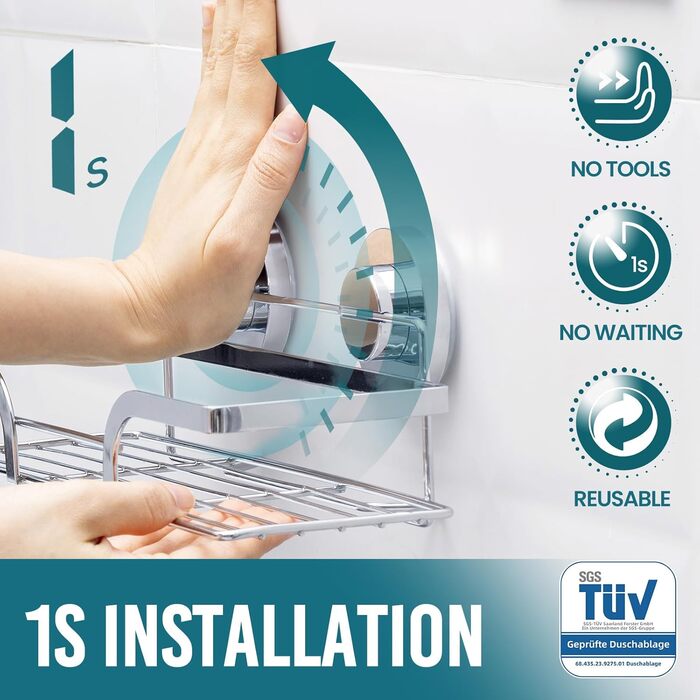 Поличка для душу TAILI без свердління, регульована, набір 2 шт. з гачками, нержавіюча сталь, чорний/срібний, органайзер для душу, кухні, ванної кімнати