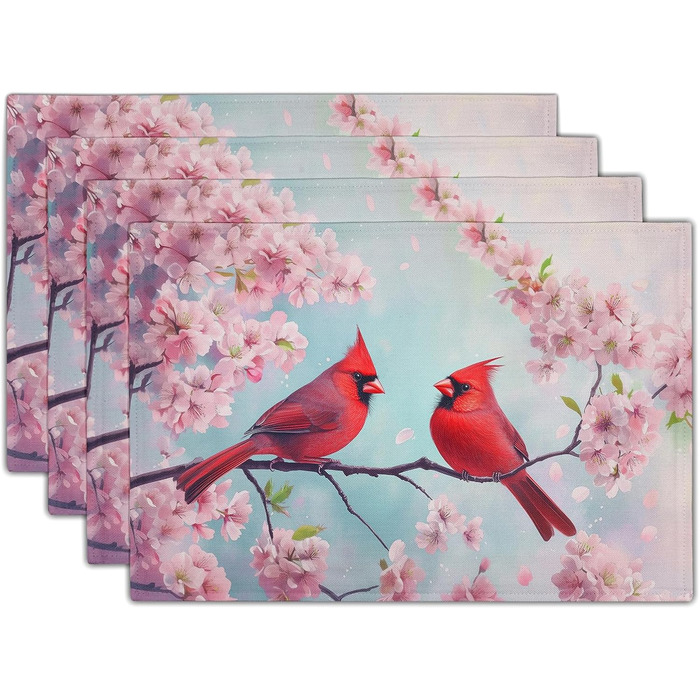 Giwawa Placemats with Spring Birds, 30.5 x 45.7 cm, red bird, cherry blossoms, floral pattern, stain-resistant, heat-resistant, linen, placemats for kitchen, dining table, seasonal party, indoor and